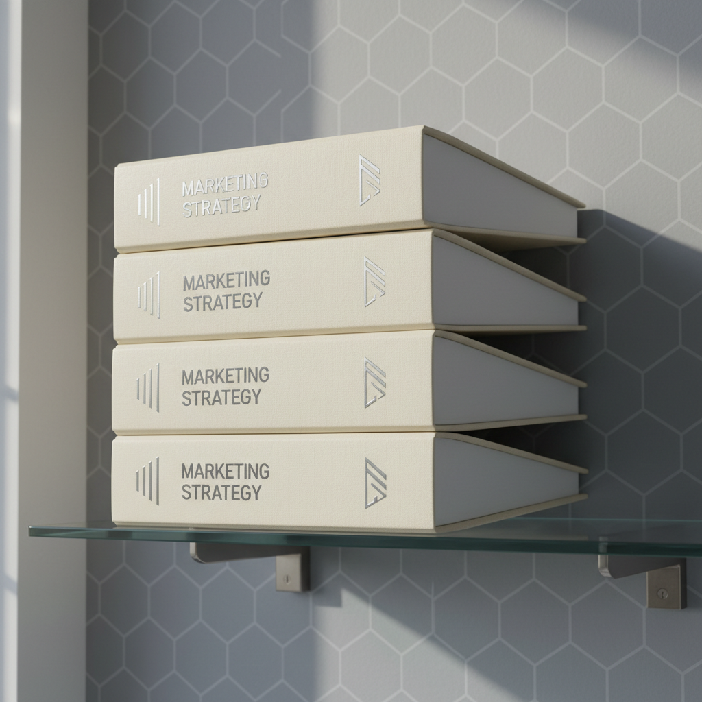A stack of refined, cream-toned marketing strategy binders with textured covers and neat silver embossing, arranged precisely on a floating glass shelf. Behind them, the backdrop is a soft grey wall featuring a subtle geometric pattern that adds structure and balance. Gentle noon daylight filters in from an unseen window, illuminating the binders with smooth, natural highlights and casting crisp, understated shadows. The mood is intelligent, organized, and focused, evoking clarity and expertise. The photograph is taken from a slight side angle using the rule of thirds for a clean, contemporary business aesthetic aligned with the site’s professional tone.