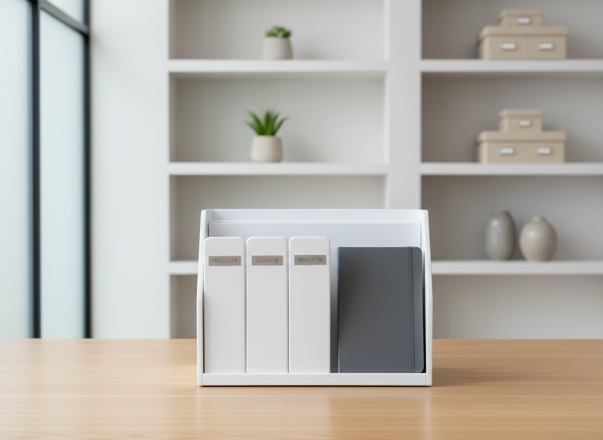 An elegant, matte white desktop organizer with neatly arranged folders embossed with subtle silver labels and a closed hardcover notebook, resting atop a smooth light oak wood surface. The environment is an uncluttered, airy office space with balanced shelves in neutral beige and grey tones, set against a soft white wall. Indirect daylight flows through frosted glass, creating evenly diffused shadows and quiet highlights on the organizer’s edges. The composition is symmetrical and precise, captured from a straight-on, eye-level perspective for a clean, structured feel. The image radiates calm professionalism and order, perfectly suited for a business coaching website with a photographic realism and minimalist, corporate style.