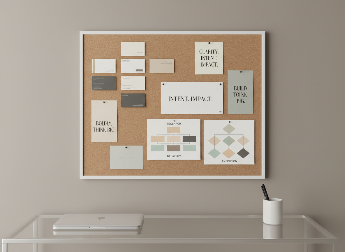 A minimalist cork vision board with meticulously pinned, neutral-hued business cards, color-coded marketing flowcharts, and inspirational quotes in elegant, modern typography. The board is mounted on a serene taupe wall above a pristine glass-topped desk, which holds a closed slim laptop and a single understated pen holder. Soft overhead studio lighting creates subtle reflections and gentle, diffuse shadows without harsh contrasts. The mood is aspirational and structured yet approachable, supporting strategic creativity in a corporate context. The composition is flat lay, shot directly from above, emphasizing order and balance with crisp focus throughout and a clean, photographic style.