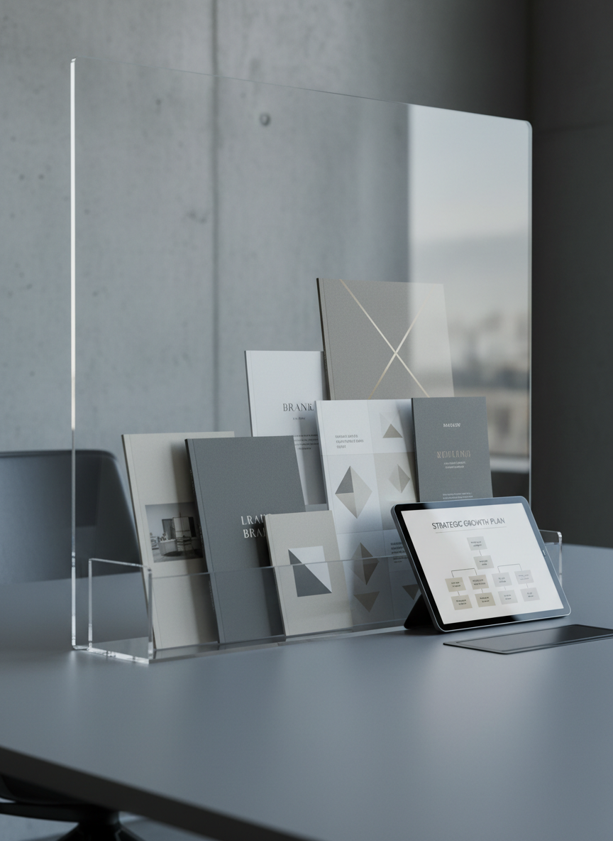 A sleek, clear acrylic divider displaying staggered, high-end wedding brochures and minimalist branding mock-ups in greige and charcoal palettes. It sits on an uncluttered, muted grey conference table near a softly textured concrete wall, conveying a sense of stability and structure. Gentle, cool ambient daylight reflects off the acrylic with a soft glow, creating delicate highlights and well-defined, natural shadows. The overall atmosphere is polished and sophisticated, with an emphasis on strategic planning and modern corporate style. Shot from a low, forward angle to highlight both depth and the details in the brochures’ design, the image feels tailored for a professional marketing coaching site focused on the wedding industry.